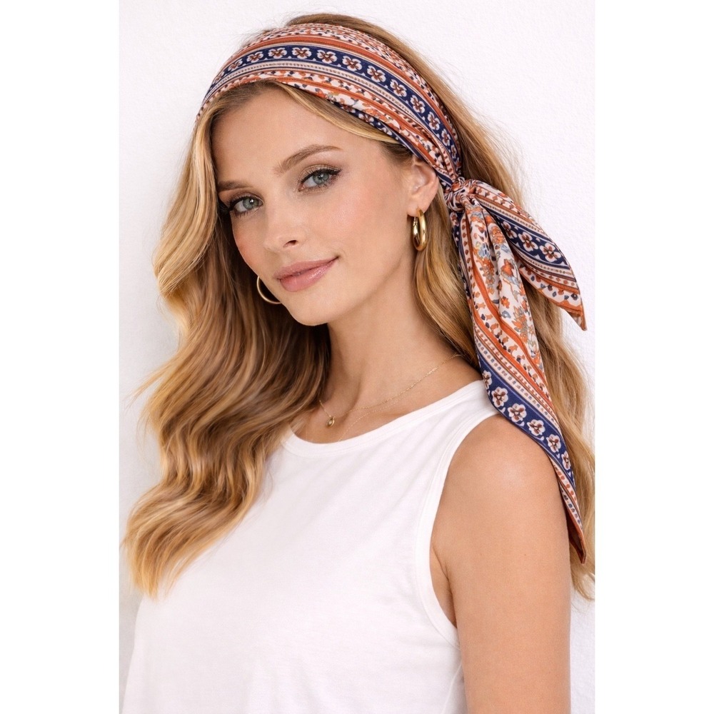 Noir Floral Paisley Satin Hair Scarf and Scrunchie Set Boho Orange Blue OS